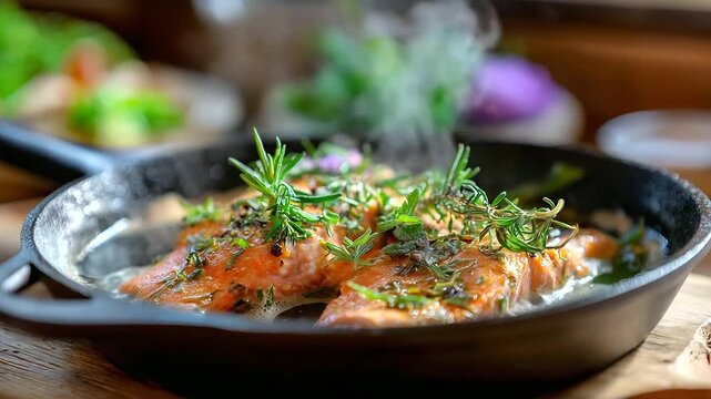Nordic cabin kitchen, cast-iron pan with trout, herbs sizzling, cozy hygge cooking scene, warm wood textures, with copy space