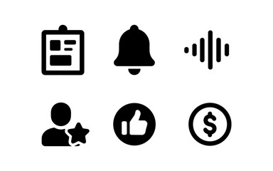 Minimalist icons set: notification, sound, profile, rating, approval, finance