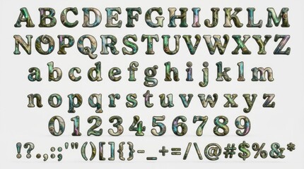font alphabet in kelp marble swirl cyberpunk decorative style from a to z numbers punctuation isolated on white background