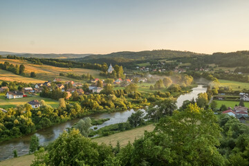Fototapeta premium Aerial view of idylic countryside landscape in Zagorz, Poland