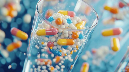 Video A glass filled with variously colored pills, great for depicting medication or scientific concepts