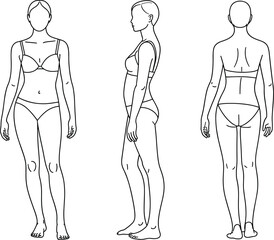 Technical Fashion Croquis Template: Female Body in Front, Side, and Back Views for Garment Design and Fit Analysis