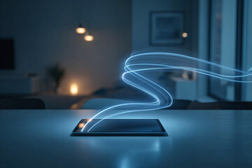 Creative Workspace with Glowing AI Light Trails