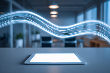 Creative Workspace with Glowing AI Light Trails