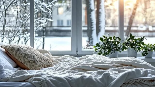 Stylish bedroom with a large bed. Selective focus. dizain.