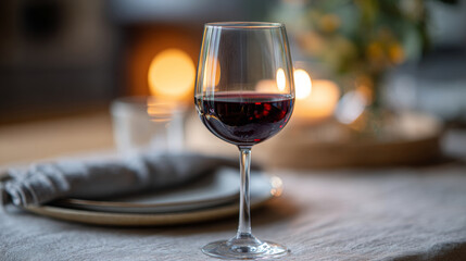 A glass of red wine is on a table with plates and candles in the background, creating an intimate atmosphere. The focus is on the wine glass while everything else fades into soft bokeh lights.