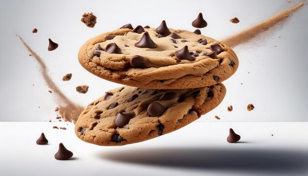Crisp chocolate chip cookies suspended mid-air above a plain white backdrop for modern dessert styling and advertising visuals