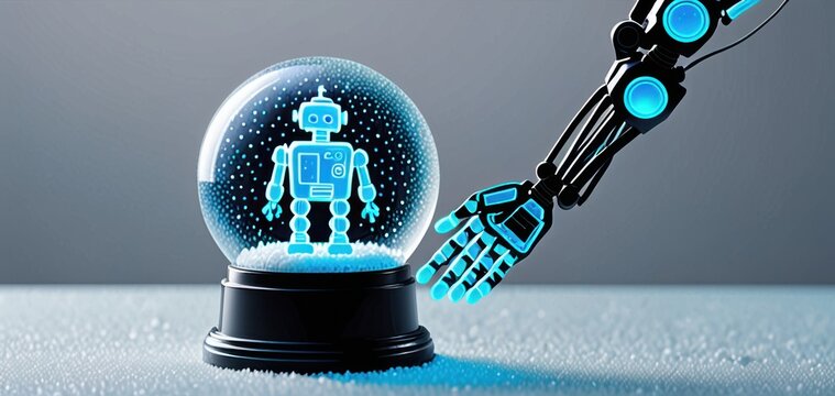 robot arm reaching ai snow globe, christmas, banner, concept of tech, xmas.