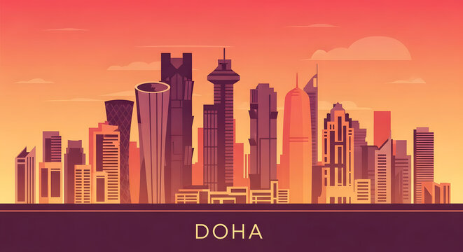 Doha Cityscape Silhouette at Sunset - Vector Illustration