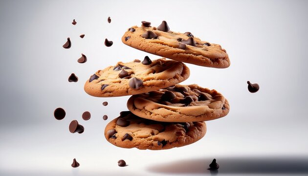 Crisp chocolate chip cookies suspended mid-air above a plain white backdrop for modern dessert styling and advertising visuals