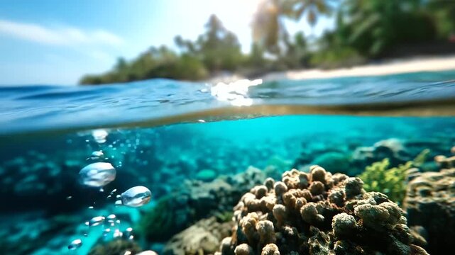 Ocean wave breaking over reef showing fish below surface, split-shot half above water, tropical day, with copy space