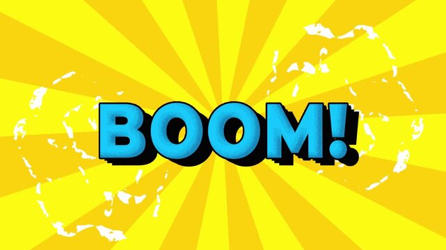 boom word text Cartoon reveal Bomb and Smoke popup Style with manga anime Comic book abstract colorful radial speed lines doodle yellow background with rays Seamless loop animation, retro popup art