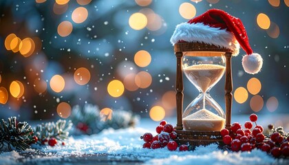 Christmas time is running out with a Santa hat on an hourglass surrounded by frosted berries and festive bokeh lights, capture the magic of the holidays red