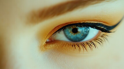 Fototapeta premium Close up capture of a blue eye with golden eyeshadow and black eyeliner. The focus is on the eye, showcasing the beauty of the details.