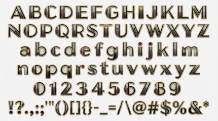 font alphabet in art deco style from a to z numbers punctuation isolated on white background