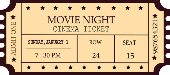 Vintage cinema ticket design featuring classic movie night layout with event details, stars, perforated edges, bold typography, and retro color palette ideal for entertainment, film promotions