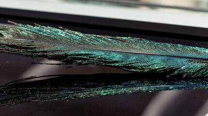 peacock. A close-up of a peacock feather against a mirrored surface with iridescent blue-green tones. wildlife magazines, conservation campaigns, designed for wildlife conservation campaigns.