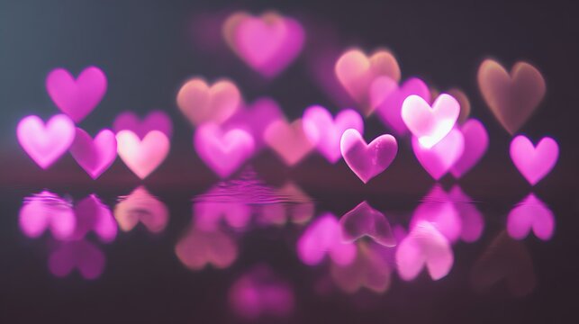 Romantic Glowing Pink Heart Bokeh Lights Reflection Valentines Day Background - Powered by Adobe