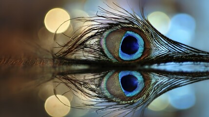 peacock. A close-up of a peacock feather against a mirrored surface with iridescent blue-green tones. wildlife magazines, conservation campaigns, designed for wildlife conservation campaigns.
