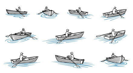 Man rowing boat on water in various positions