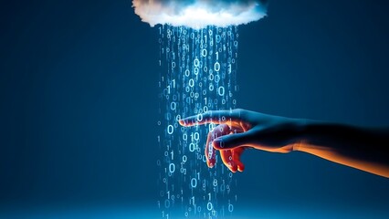 Hand touching digital rain of binary code from cloud finger pointing