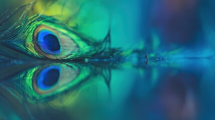peacock. A close-up of a peacock feather against a mirrored surface with iridescent blue-green tones. wildlife magazines, conservation campaigns, designed for wildlife conservation campaigns.