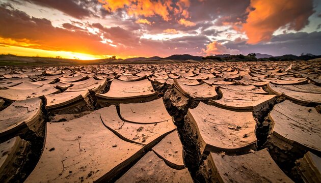 Close-up of cracked, parched earth stretching to the horizon, a fiery sunset painting the sky with orange and golden hues