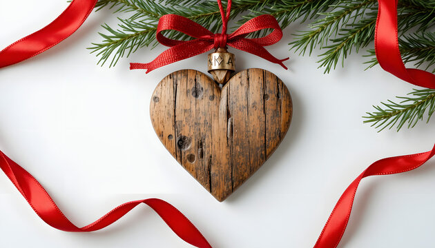 Rustic wooden heart ornament with red ribbon hanging on a Christmas tree branch festive holiday decoration on white background - Powered by Adobe