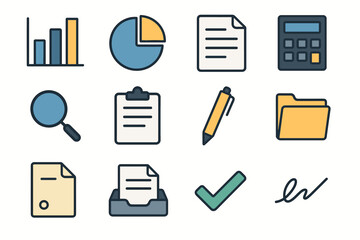 Folder magnifier reports icons business chart icon sheet clipboard check vector paper