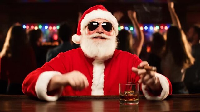 sunglasses santa at crowded nightclub bar with whiskey and cigar, red suit and white beard, lively dancing crowd and colorful neon lights, upbeat party atmosphere and celebratory energy.
