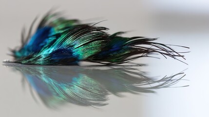 peacock. A close-up of a peacock feather against a mirrored surface with iridescent blue-green tones. wildlife magazines, conservation campaigns, designed for wildlife conservation campaigns.