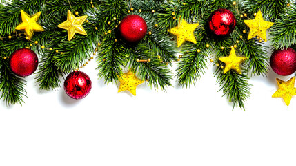 A festive holiday decoration with a garland of green pine branches adorned with red and gold ornaments and stars