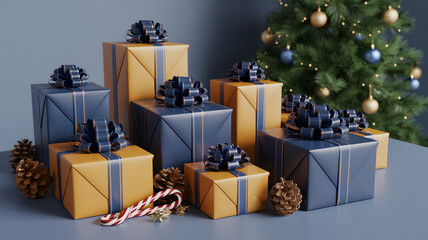 Elegant holiday presents with blue ribbons and a candy cane create a festive and joyful atmosphere, perfect for Christmas celebrations and seasonal designs