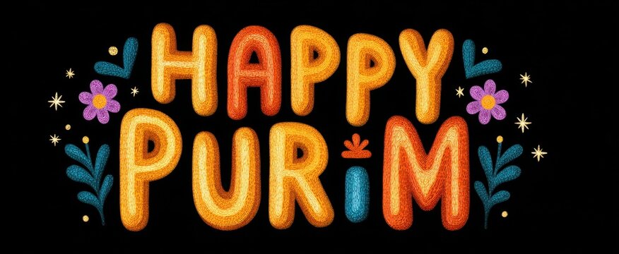 Happy purim text with vibrant joyful colorful festive typography celebrating rich tradition
