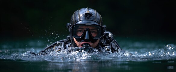 The combat diver surfaces from water amid a training exercise.