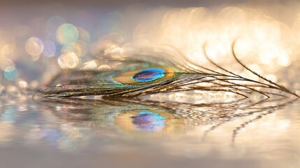 peacock. A close-up of a peacock feather against a mirrored surface with iridescent blue-green tones. wildlife magazines, conservation campaigns, designed for wildlife conservation campaigns.