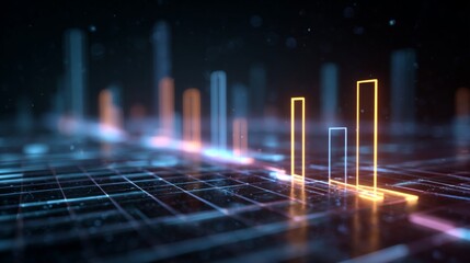 Abstract digital landscape with glowing data bars and grid patterns representing virtual analysis and futuristic technology insights