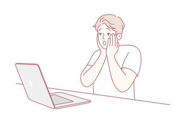 man reacting with hands to laptop screen in startled online moment, immediate sense of surprise and urgency simple illustration highlights notification, error, or unexpected content that