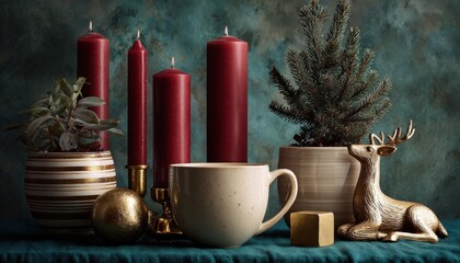 Assortment of deep red candles, potted greenery, and gold decorative elements creates a warm holiday still life scene