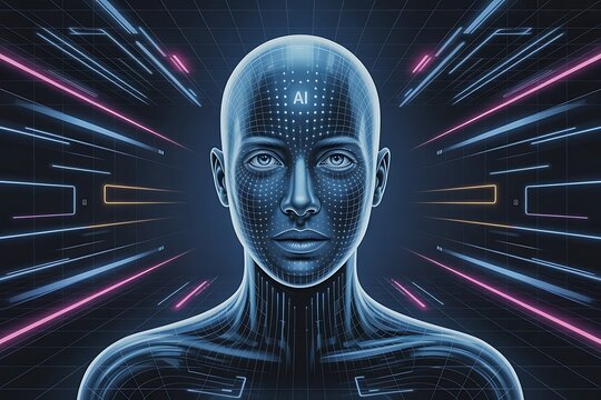 Cutting-edge AI interface showcasing human digital connection, ideal for future tech concepts and advanced data visualization, featuring sleek lines and a futuristic aesthetic