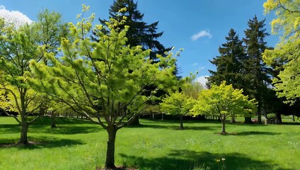 A bright 4K springtime video capturing an English park with glowing trees lush meadows conifer forests and clear blue skies offering a cheerful nature landscape ideal for outdoor lifestyle themes
