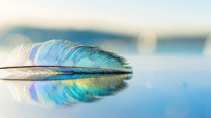 peacock. A close-up of a peacock feather against a mirrored surface with iridescent blue-green tones. wildlife magazines, conservation campaigns, designed for wildlife conservation campaigns.