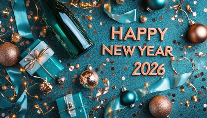 Festive arrangement of celebratory items and sparkling text wishes for the upcoming year 2026