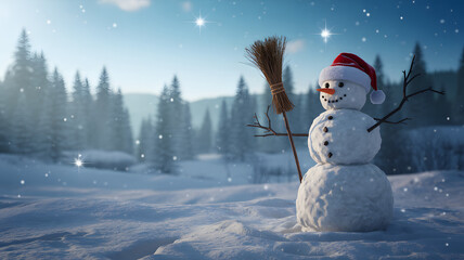 Celebrate a magical winter with a whimsical snowman in a snowy forest, perfect for holiday cheer, greeting cards, and adding a touch of festive joy