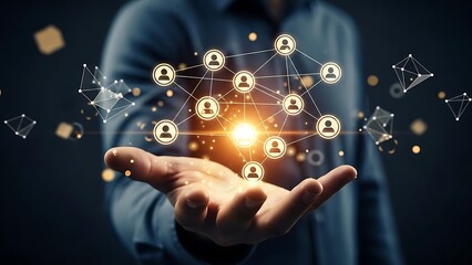 Person holding glowing network of people icons and geometric shapes connection communication