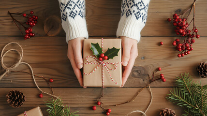 Warm holiday cheer offering a carefully wrapped gift, inviting cozy vibes and festive spirit, perfect for sharing Christmas magic with loved ones