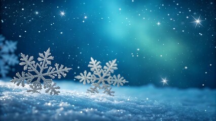 Blue winter holiday background with falling snow and bright decoration stars