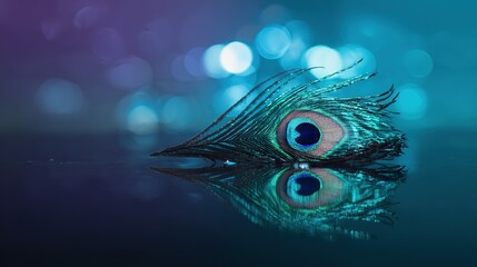 peacock. A close-up of a peacock feather against a mirrored surface with iridescent blue-green tones. wildlife magazines, conservation campaigns, designed for wildlife conservation campaigns.