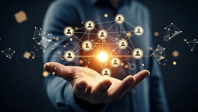 Person holding glowing network of people icons and geometric shapes connection communication