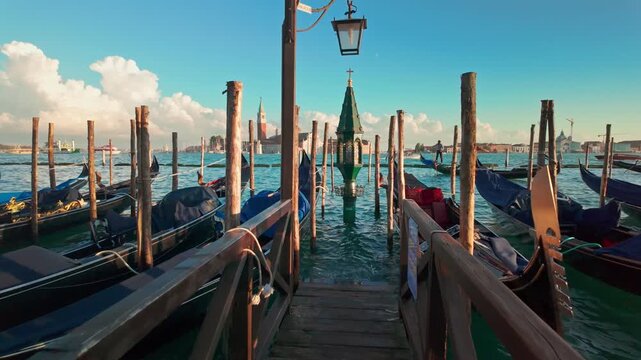San Giorgio Maggiore church and traditional Venetian gondolas in Venice, Italy